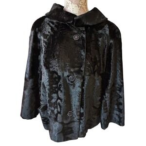 UK Vintage Black Faux Fur Jacket Embellished Shawl Collar statement EXCELLENT